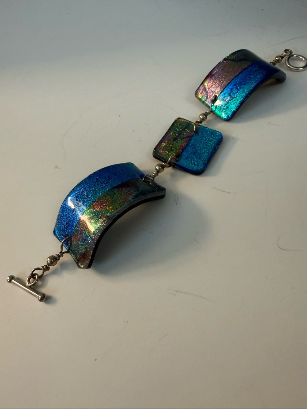 Artisan Dichroic Iridescent Blue-Green Glass Bracelet - Picture 5 of 10